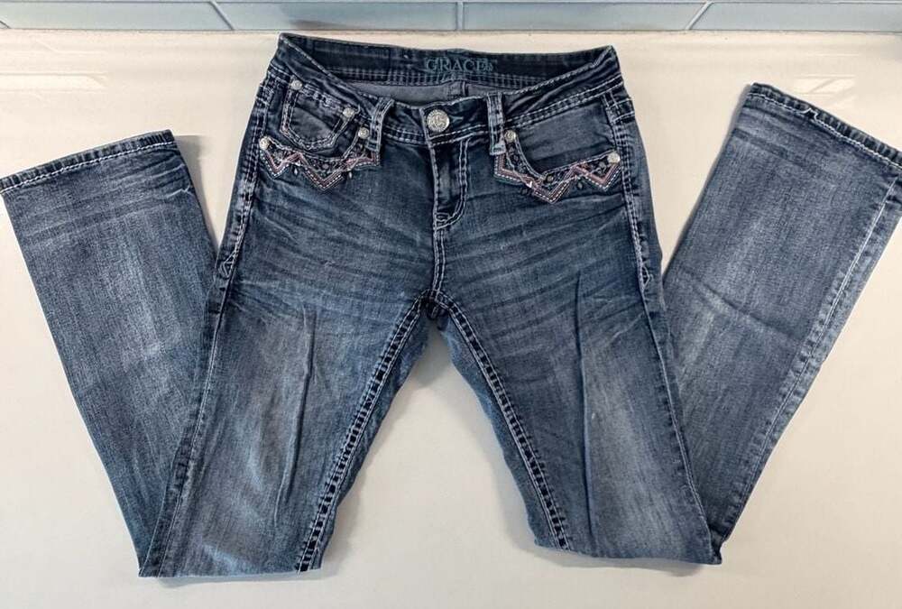Grace In LA Embroidered Embellished straight leg Jeans Size 27